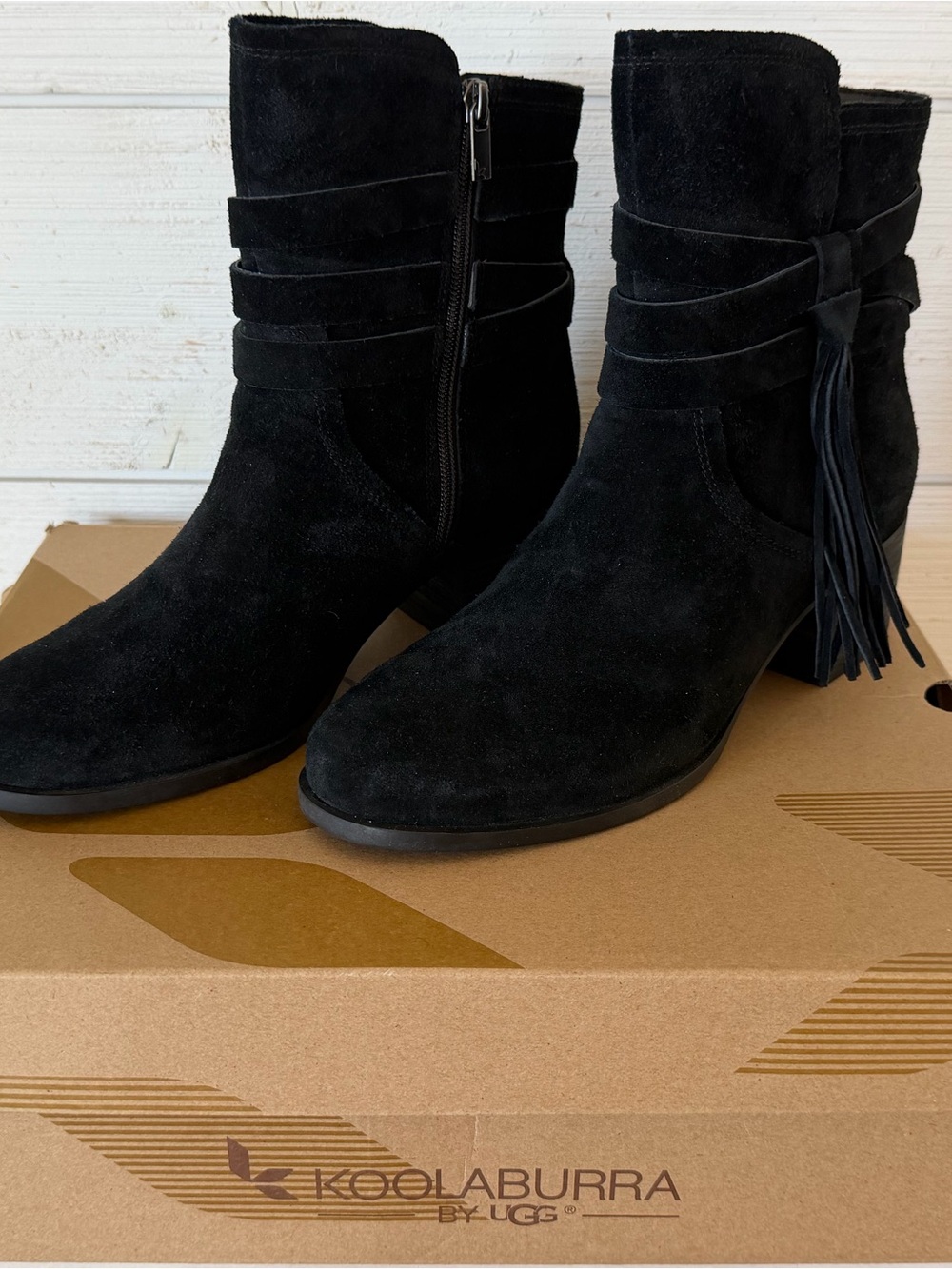 Koolaburra by UGG Kenz Suede Ankle Boots Women Size 9 Black Tassel Block Heel